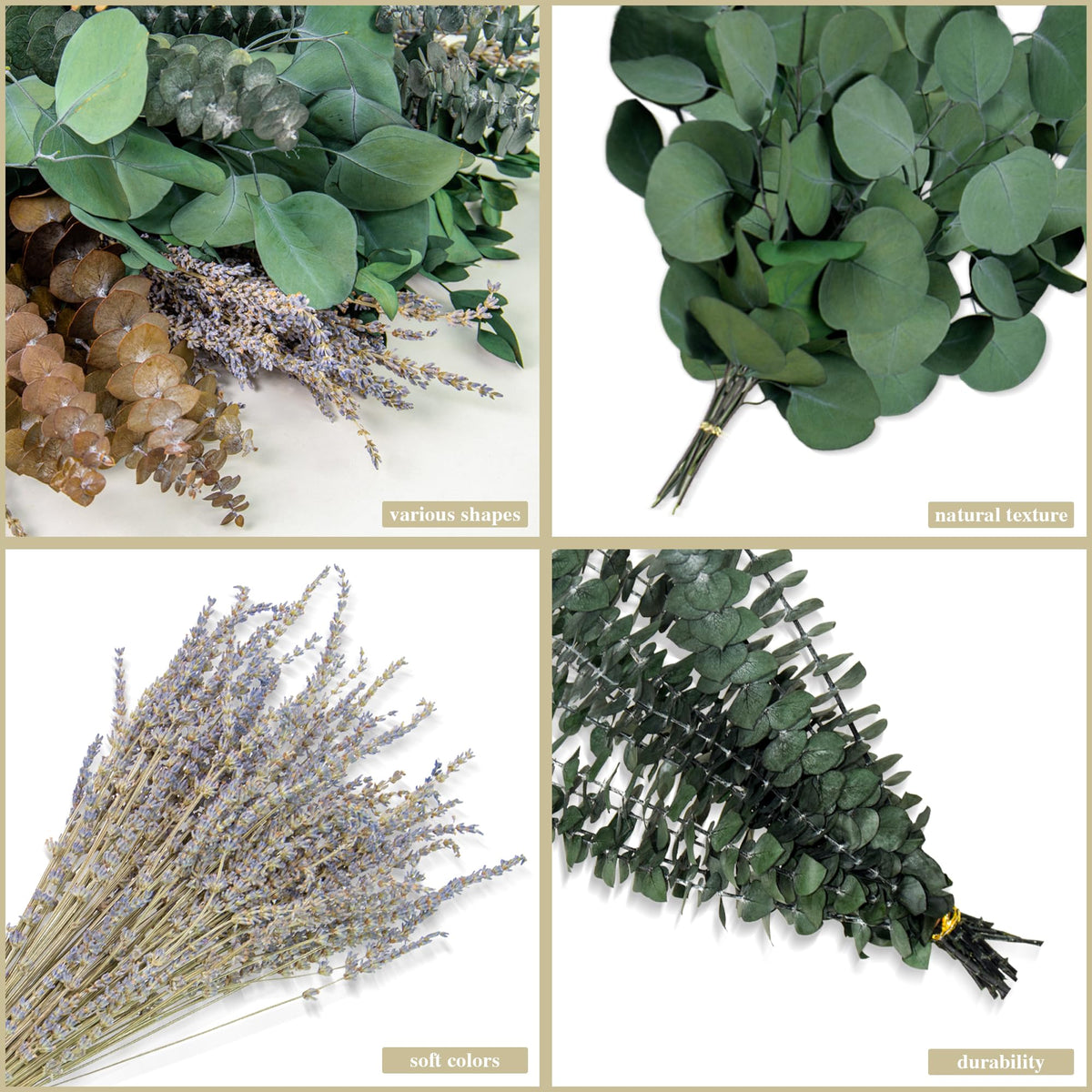 160 piezas de tallos de eucalipto seco y flores de lavanda mixtos, 5 variedades de hojas de eucalipto preservadas para colgar en la ducha, decoración de pared, relleno de floreros, bodas y baños verdes
