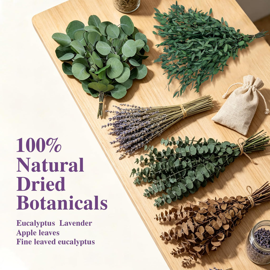 160 piezas de tallos de eucalipto seco y flores de lavanda mixtos, 5 variedades de hojas de eucalipto preservadas para colgar en la ducha, decoración de pared, relleno de floreros, bodas y baños verdes