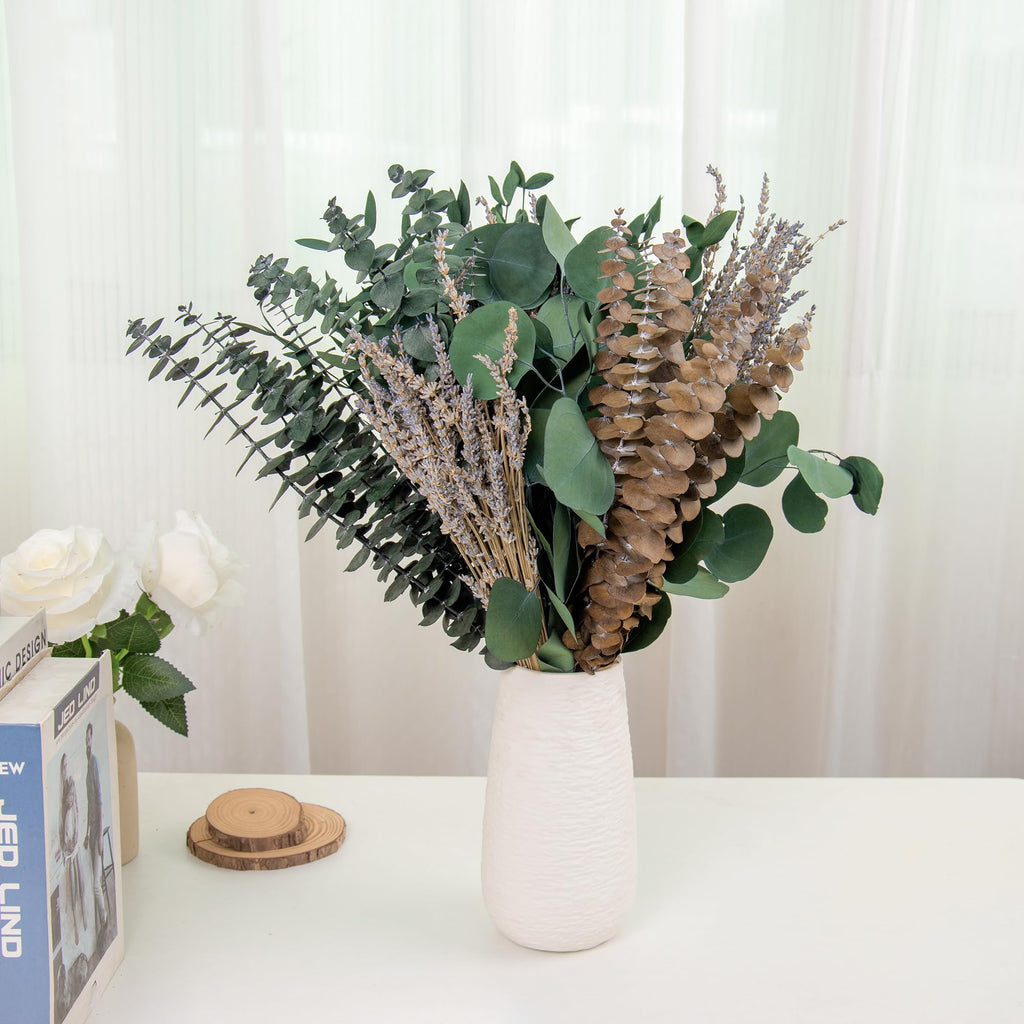 160 piezas de tallos de eucalipto seco y flores de lavanda mixtos, 5 variedades de hojas de eucalipto preservadas para colgar en la ducha, decoración de pared, relleno de floreros, bodas y baños verdes